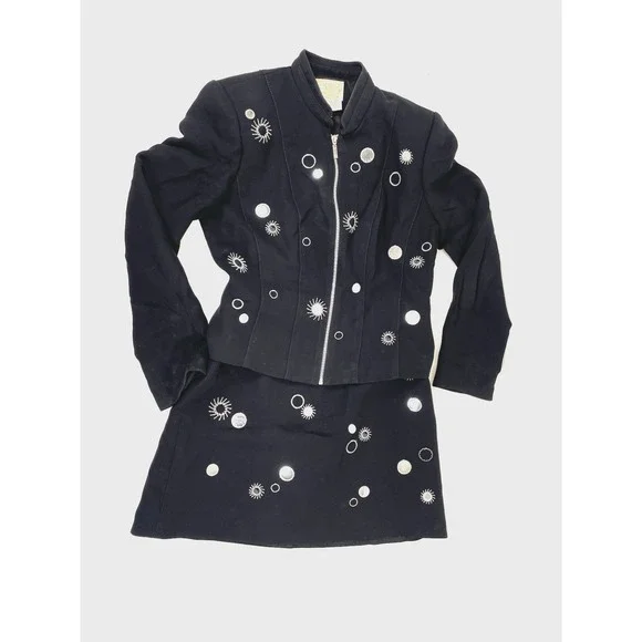 Alberto Makali Cache 2PC Outfit Set Jacket Skirt Womens Size 8 Black Embellished - Picture 1 of 14